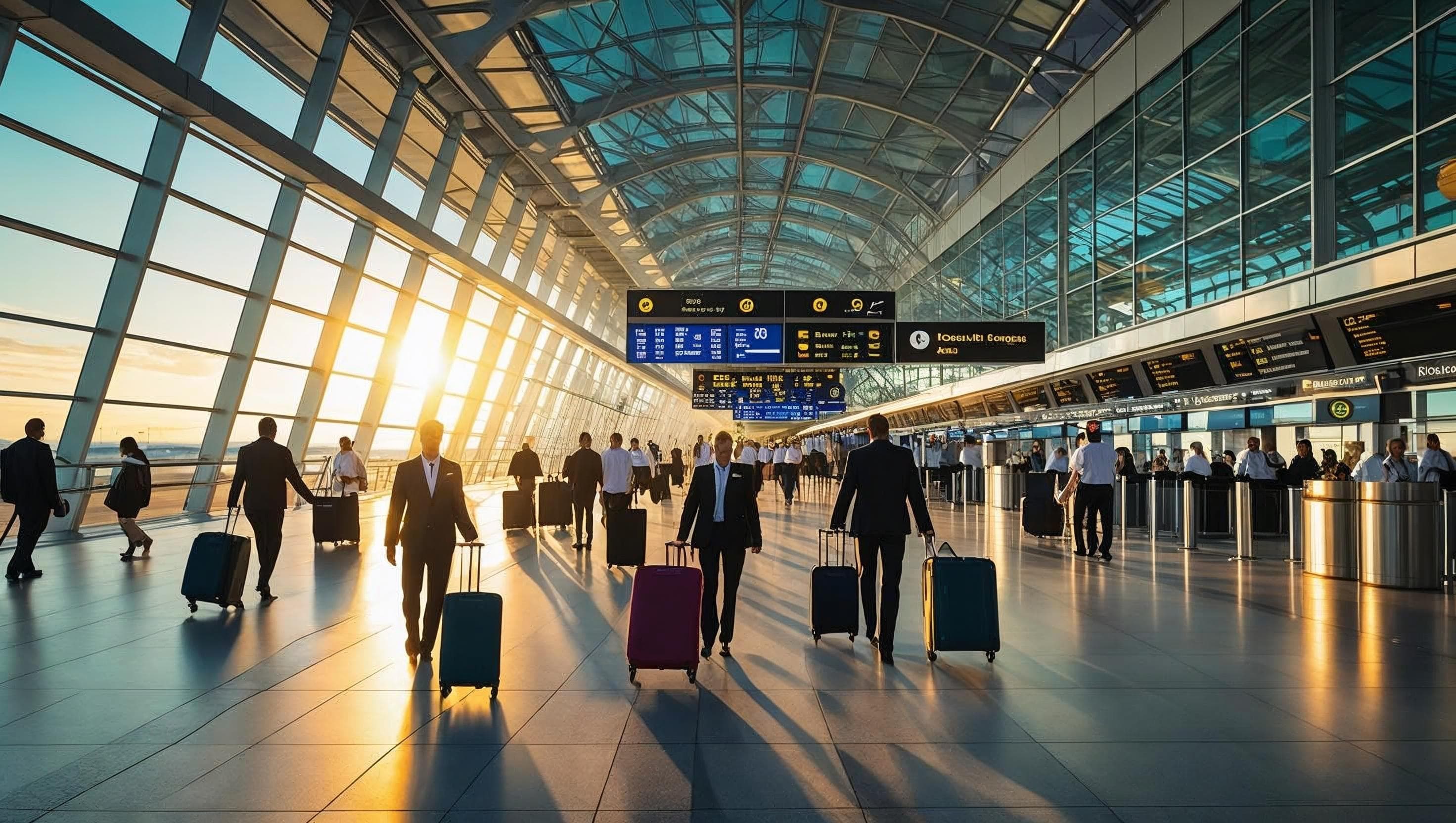 Modern airport terminal with travelers at sunset