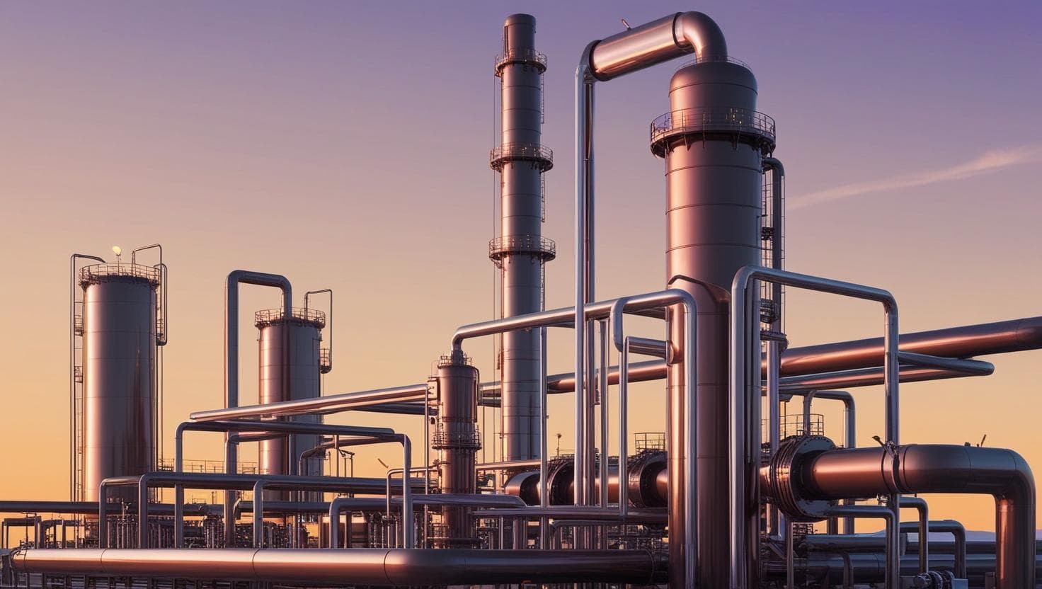 Modern industrial energy processing facility with metallic pipes and towers at sunset