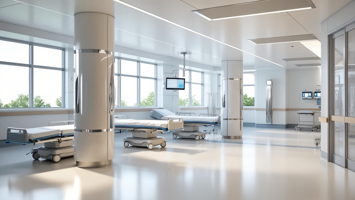 Modern hospital ward with patient beds and medical equipment